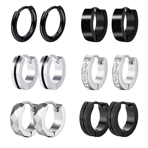 6 Paare Herren Ohrringe Schwarz Creolen Ohrringe Männer Frauen Edelstahl Ohrringe Silber Schwarz Creolen Hoops Earrings Set für Herren Damen von VELESAY