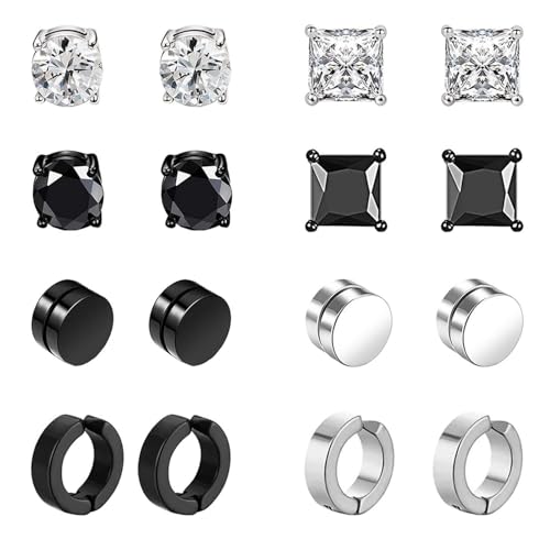 8 Paar Edelstahl Magnet Ohrringe für Herren Damen Mädchen Creolen CZ Magnet Nicht Durchdringende Clip Magnet Ohrstecker Clips Nickelfrei Tunnel Ohrclips Non Piercing Ohrringe Set Schwarz A von VELESAY