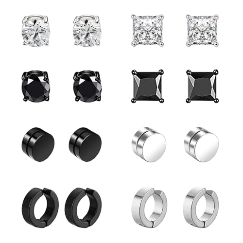 8 Paar Edelstahl Magnet Ohrringe für Herren Damen Mädchen Creolen CZ Magnet Nicht Durchdringende Clip Magnet Ohrstecker Clips Nickelfrei Tunnel Ohrclips Non Piercing Ohrringe Set Schwarz B von VELESAY