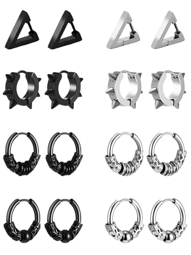 8 Paar Ohrringe Herren Edelstahl Ohrringe Schwarz Männer Ohrstecker Set Creolen Hypoallergen Ohrringe Punk Hip Hop Ohrringe Piercing Knorpel Ohrringe für Männer Jungen von VELESAY