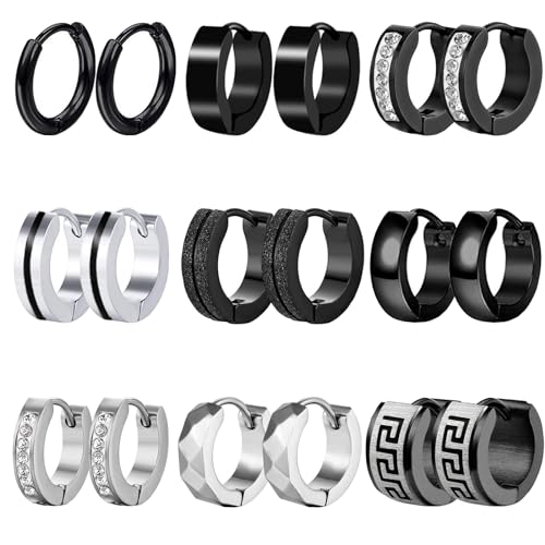 9 Paare Herren Ohrringe Edelstahl Creolen Hoops Earrings Set Ohrringe Männer Frauen Schwarz Ohrringe Mode Punk Schwarze Creolen Ohrringe für Herren Damen von VELESAY