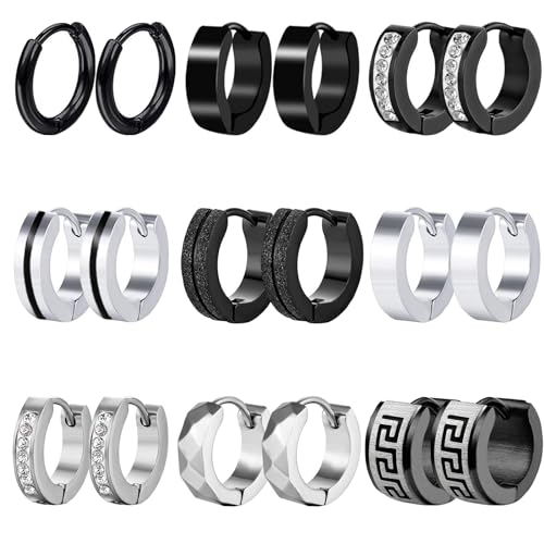 9 Paare Herren Ohrringe Schwarz Silber - Creolen Set für Männer Frauen - Edelstahl Hoops Earrings von VELESAY