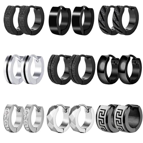 9 Paare Ohrringe Herren Schwarz Ohrringe Männer Edelstahl Creolen Ohrringe Set Hypoallergen Ohr Piercing Schwarz Creolen Hoops Ohrringe für Männer Damen von VELESAY