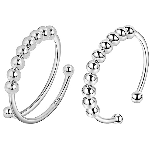 925 Sterling Silber Angst Ring Damen Verstellbar Ring mit Perlen Band Ring Stapelbar Fidget Spinning Ringe Anti Stress Ringe für Damen Frauen Spinner Ringe Perlen Rotieren Ring Stapelbare Fidget Ringe von VELESAY