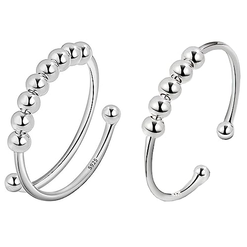 925 Sterling Silber Angst Ring Damen Verstellbar Ring mit Perlen Band Ring Stapelbar Fidget Spinning Ringe Anti Stress Ringe für Damen Frauen Spinner Ringe Perlen Rotieren Ring Stapelbare Fidget Ringe von VELESAY