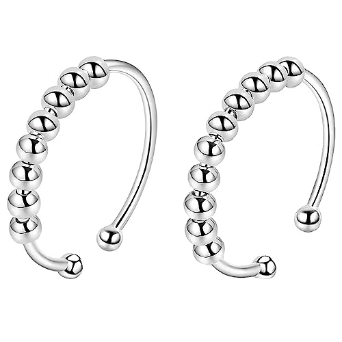 925 Sterling Silber Angst Ring Damen Verstellbar Ring mit Perlen Band Ring Stapelbar Fidget Spinning Ringe Anti Stress Ringe für Damen Frauen Spinner Ringe Perlen Rotieren Ring Stapelbare Fidget Ringe von VELESAY