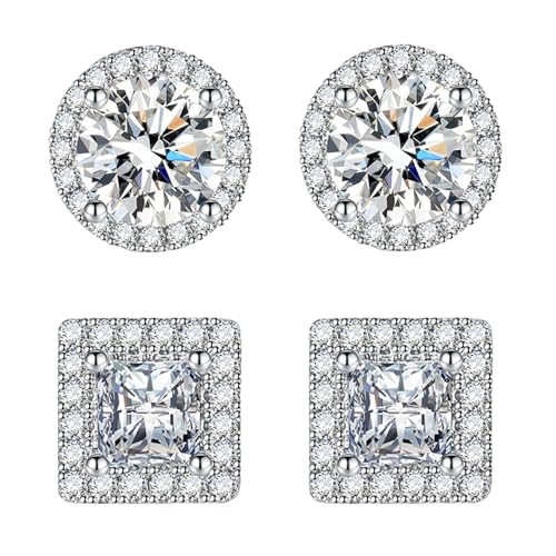 925 Sterling Silber Cubic Zirkonia Ohrringe for Damen Mädchen 18K CZ Ohrstecker Set Rund Eckige Hypoallergene Ohrringe Jewellery Silber Gold Rosegold von VELESAY