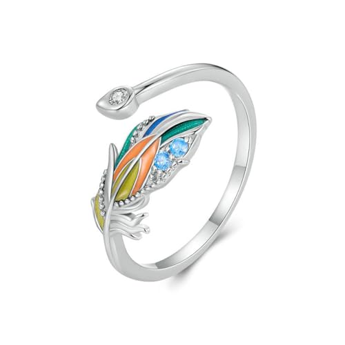 VELESAY 925 Sterling Silber Damen Angel Wings Ring Frauen Verstellbare Feder Blätter Ring Eheringe Verlobungsring Ewigkeitsring Ring Damen 925 Sterling Silber Feder Blatt Ring von VELESAY