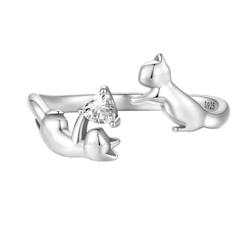 VELESAY 925 Sterling Silber Damen Katze Ring Frauen Verstellbare Zirkonia Ring Eheringe Verlobungsring Ewigkeitsring Offener Cat Ring Damen 925 Sterling Silber Verlobungsring Damen Katze Ring B von VELESAY