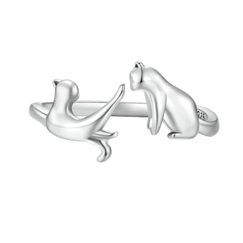 VELESAY 925 Sterling Silber Damen Katze Ring Frauen Verstellbare Zirkonia Ring Eheringe Verlobungsring Ewigkeitsring Offener Cat Ring Damen 925 Sterling Silber Verlobungsring Damen Katze Ring C von VELESAY