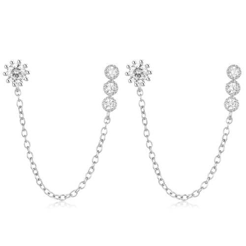 925 Sterling Silber Ohrringe mit Kette für Frauen Damen Zirkonia Hypoallergene Ohrringe mit Kette Verbunden Ohrringe für Mehrere Ohrlöcher Kette Ohrstecker Double Helix Piercings Silber 925 von VELESAY