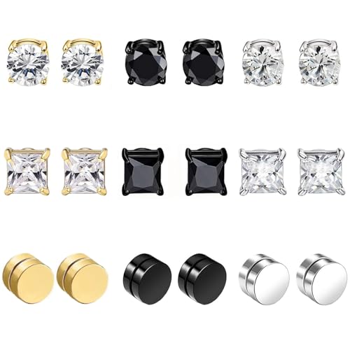 9Paar Magnet Ohrringe Herren Damen Edelstahl CZ Magnet Nicht Durchdringende Clip Magnet Ohrstecker Clips Nickelfrei Tunnel Ohrclips Non Piercing Ohrringe Set Silber Schwarz von VELESAY