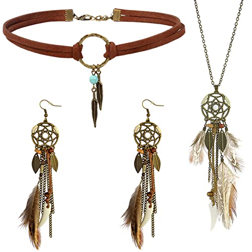 Bohemian Schmuck Set für Damen Boho Feder Traumfänger Ohrringe Drop Leder Choker Halskette Vintage Bohemian Feder Anhänger Ohrringe Handmade Retro Türkis Schmuck Anhänger Boho Stammes Schmuck Sets von VELESAY