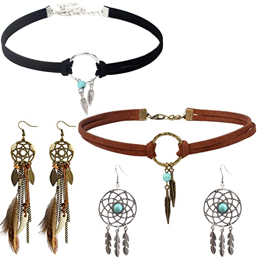 Boho Schmuck Set Bohemian Feder Traumfänger Ohrringe für Damen Drop Leder Choker Halskette Vintage Bohemian Feder Anhänger Ohrringe Handmade Retro Türkis Schmuck Anhänger Boho Stammes Schmuck Sets von VELESAY