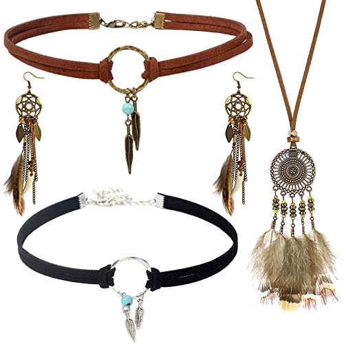 Boho Schmuck Set für Damen Bohemian Feder Traumfänger Ohrringe Drop Leder Choker Halskette Vintage Bohemian Feder Anhänger Ohrringe Handmade Retro Türkis Schmuck Anhänger Boho Stammes Schmuck Sets von VELESAY