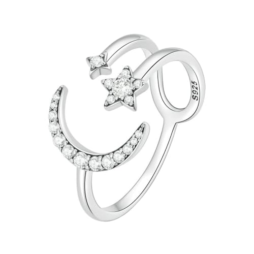 VELESAY Mond Sterne Ring Silber 925 für Damen Frauen Frauen Eheringe Verlobungsring Ewigkeitsring Promise Ring Damen 925 Sterling Silber Sterne Mond Zirkonia Ring Star Schmuck Geschenk B von VELESAY