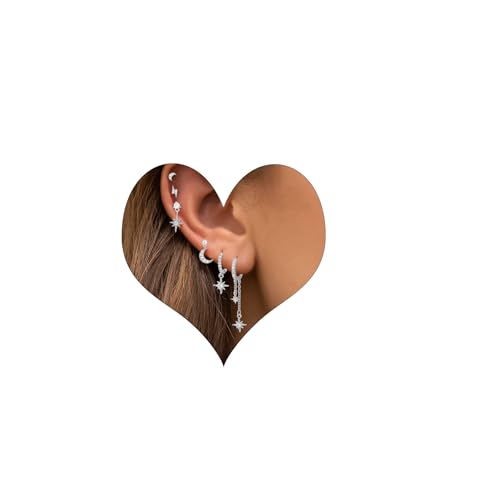 Piercing Ohr Silber Ohrringe Set für Mehrere Ohrlöcher Helix Piercings für Damen 14K Vergoldet Ohrstecker Set Klein Creolen Silber Ohrringe Damen Stapelbar Zirkonia Ohrstecker von VELESAY