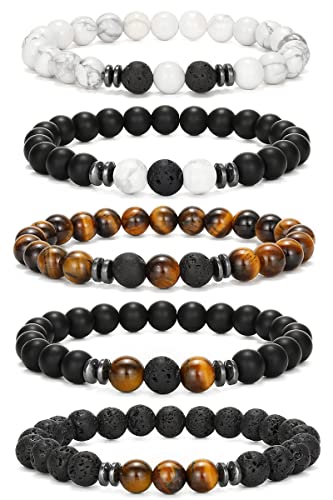 VELESAY 5 Pieces Lavastein Beads Armbänder Perlen Lava Tigerauge Armband Natürliche Perlen Lava Armband für Frauen Herren Armbänder Set Geburtstagsgeschenk von VELESAY