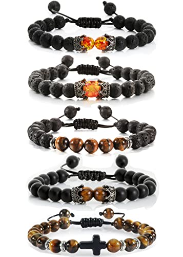 VELESAY 5 Pieces Lavastein Beads Armbänder Perlen Lava Tigerauge Armband Natürliche Perlen Lava Armband für Frauen Herren Armbänder Set von VELESAY