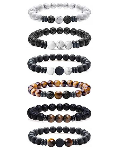 VELESAY 6 Pieces Lavastein Beads Armbänder Perlen Lava Tigerauge Armband Natürliche Perlen Lava Armband für Frauen Herren Armbänder Set Geburtstagsgeschenk von VELESAY