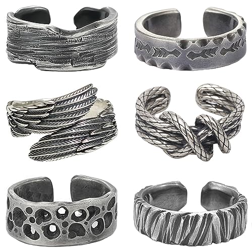 VELESAY 6Pcs Mens Vintage Open Rings for Men Angel Wings Adjustable Ring Verstellbar Männer Biker Ring Set von VELESAY