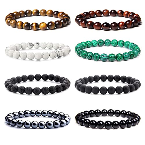 VELESAY 8 Pieces Lavastein Beads Armbänder Perlen Lava Tigerauge Armband Natürliche Perlen Lava Armband für Frauen Herren Armbänder Set Geburtstagsgeschenk 8MM von VELESAY