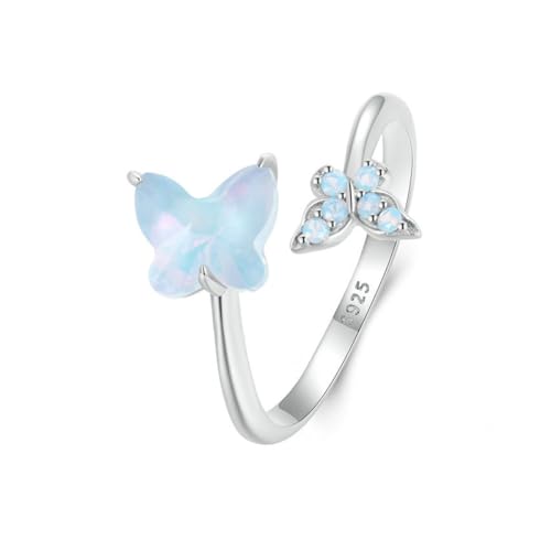 VELESAY 925 Silber Opal Ringe für Damen Frauen Verstellbar Zirkonia Schmetterling Ring Eheringe Verlobungsring Ewigkeitsring Offener Schmetterling Opal Ring von VELESAY