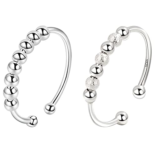 VELESAY 925 Sterling Silber Anxiety Ring Spinning Ringe mit Perlen Band Ring Stapelbar Fidget Ringe Angst Ringe für Damen Frauen Spinner Ringe Perlen Rotieren Ring Verstellbar von VELESAY