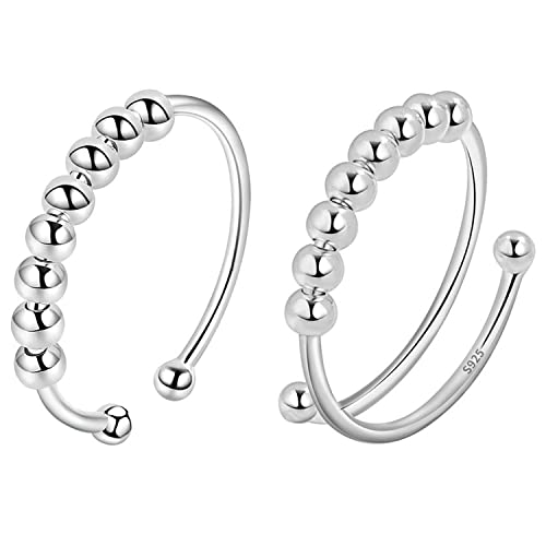 VELESAY 925 Sterling Silber Anxiety Ring Spinning Ringe mit Perlen Band Ring Stapelbar Fidget Ringe Angst Ringe für Damen Frauen Spinner Ringe Perlen Rotieren Ring Stapelbare Fidget Ringe Verstellbar von VELESAY