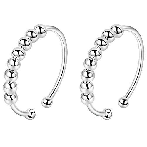 VELESAY 925 Sterling Silber Anxiety Ring Spinning Ringe mit Perlen Band Ring Stapelbar Fidget Ringe Angst Ringe für Damen Frauen Spinner Ringe Perlen Rotieren Ring Stapelbare Fidget Ringe Verstellbar von VELESAY