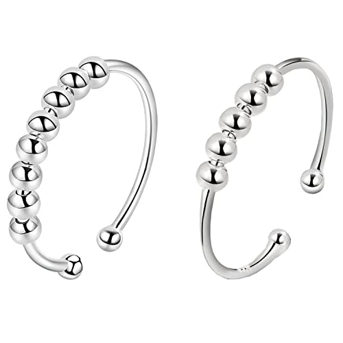 VELESAY 925 Sterling Silber Anxiety Ring Spinning Ringe mit Perlen Band Ring Stapelbar Fidget Verstellbar Ringe Angst Ringe für Damen Frauen Spinner Ringe Perlen Rotieren Ring Stapelbare Fidget Ringe von VELESAY