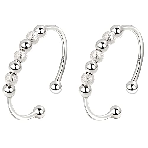 VELESAY 925 Sterling Silber Anxiety Ring Spinning Ringe mit Perlen Band Ring Stapelbar Fidget Verstellbar Ringe Angst Ringe für Damen Frauen Spinner Ringe Perlen Rotieren Ring Stapelbare Fidget Ringe von VELESAY