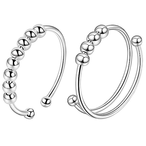 VELESAY 925 Sterling Silber Anxiety Ring Spinning Ringe mit Perlen Band Ring Stapelbar Fidget Verstellbar Ringe Angst Ringe für Damen Frauen Spinner Ringe Perlen Rotieren Ring Stapelbare Fidget Ringe von VELESAY