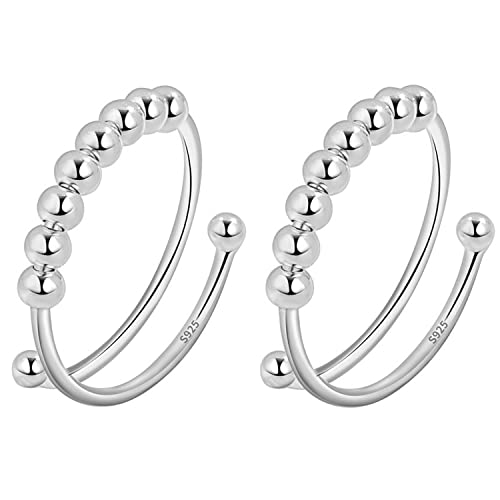 VELESAY 925 Sterling Silber Anxiety Ring Spinning Ringe mit Perlen Band Ring Stapelbar Fidget Verstellbar Ringe Angst Ringe für Damen Frauen Spinner Ringe Perlen Rotieren Ring Stapelbare Fidget Ringe von VELESAY