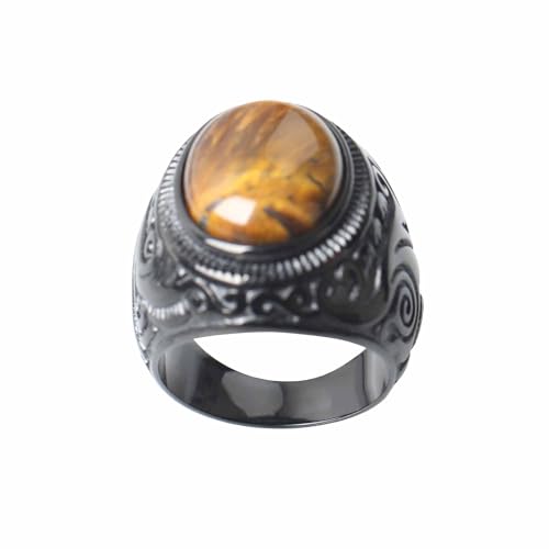 VELESAY Edelstahl Herren Ring Schwarz Siegelring Damen Punk Biker Gothic Hip Pop Ring Herren Schmuck Tigerauge Stein US10 von VELESAY