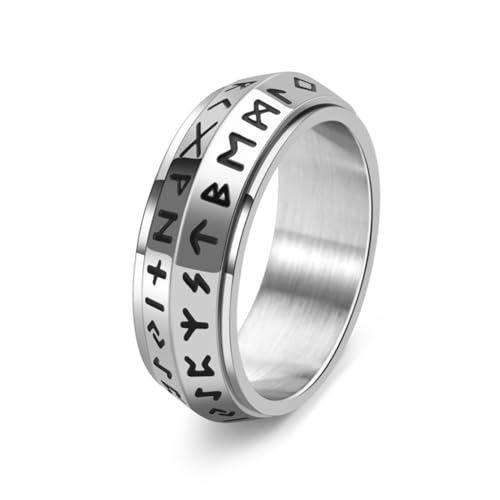 VELESAY Edelstahl Viking Herren Damen Ring Wikinger Nordische Mythologie Ring Herren Viking Rune Spinnerring Punk Biker Gothic Hip Pop Ring Wikinger Viking Schmuck 8MM Silber-Tone US10 von VELESAY