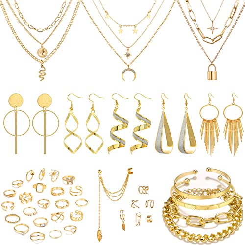 VELESAY Schmuck Set für Damen Vintage Gold Kette Punk Fingerringe Geschichteten Mehrlagige Halsketten Damen Goth Stapelbare Midi Ringe Gold Set Damen Armbänder Gold Set Layer Kette Damen Gold von VELESAY