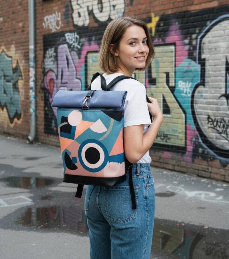 Abstrakter Vegan Leder Roll Top Rucksack, Wasserdichter City Bike Rucksack von VELIBARDO