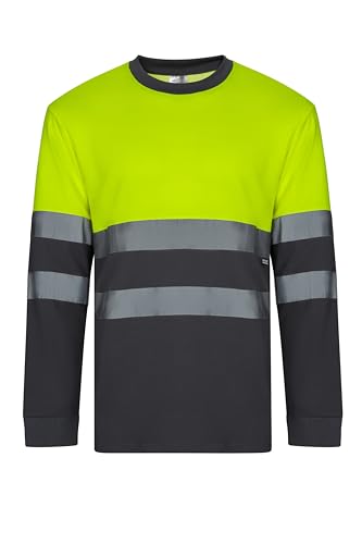 VELILLA Unisex Zweifarbiges Langarm Baumwolle Arbeit Dienstprogramm T-Shirt, Grau und Neongelb, L von VELILLA