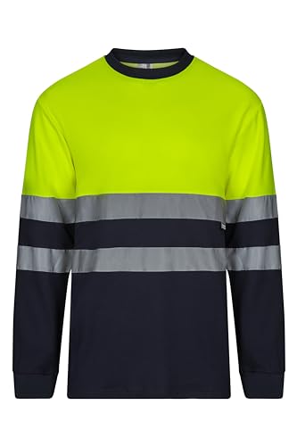 VELILLA Unisex Zweifarbiges Langarm Baumwolle Arbeit Dienstprogramm T-Shirt, Marineblau und Neongelb, XXL von VELILLA