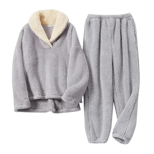 VELISDE Damen Flauschiges Pyjama-Set Fleece Lounge Set Pullover Hose 2 Stück Loungewear Nachtwäsche Winter Warm Pj Lose Plüsch, Lightgrey, XL von VELISDE