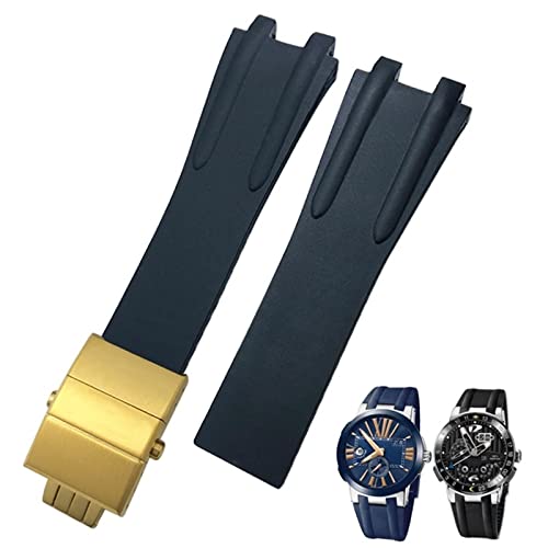 VELORE 26 mm Gummi-Stahl-Uhrenarmband mit Faltschließe, passend für Ulysse Nardin, Blau, Schwarz, Braun, Sport, wasserdichtes Armband-Zubehör(Black Golden buckle) von VELORE