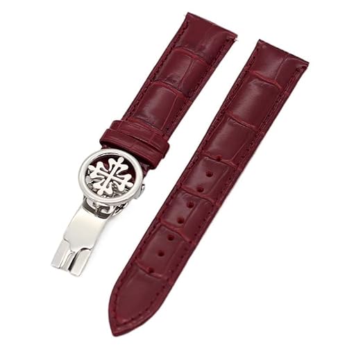 VELORE Echtleder-Uhrenarmband 19 mm, 20 mm, 22 mm, Uhrenarmbänder für Patek Philippe Wath-Bänder mit Faltschließe aus Edelstahl für Herren und Damen(Red Silver clasp,20mm) von VELORE