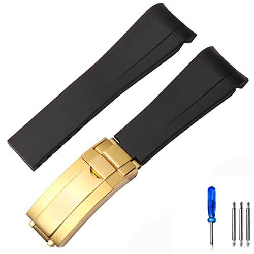 VELORE Gummi Silikon Armband 20mm 21mm Für Rolex submariner daytona DEEPSEA Oysterflex Uhren Band GMT armbanduhr(Black gold,21mm) von VELORE