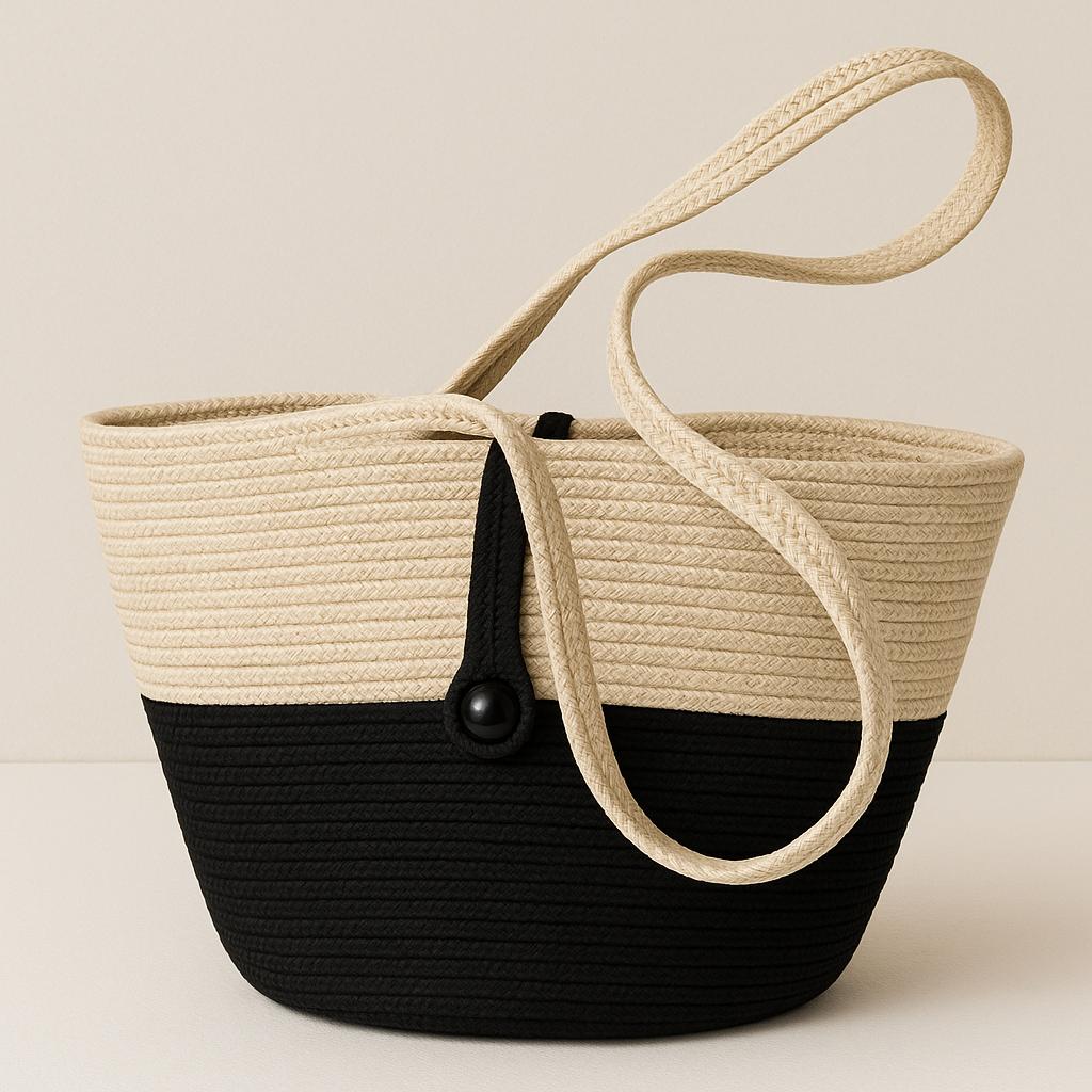 Handgemachte Strohtasche/Shopper - Zweifarbig Beige Und Schwarz Mit Stoff-Innenfach & Knopfverschluss Boho Strandtasche von VELOSSAHandmade