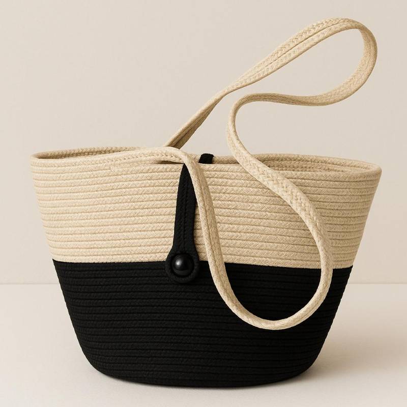 Handgemachte Strohtasche/Shopper - Zweifarbig Beige Und Schwarz Mit Stoff-Innenfach & Knopfverschluss Boho Strandtasche von VELOSSAHandmade