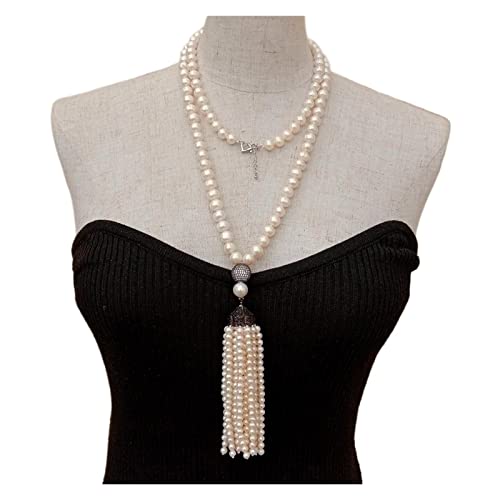 VELUNE Ketten für Damen Natürliche kultivierte weiße Süßwasserperle Pave Pearl Quaste Lange Halskette 40 Zoll Mode-Accessoires von VELUNE