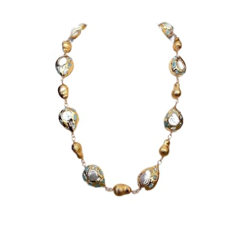 VELUNE Ketten für Damen Natürliche kultivierte weiße Süßwasserperle in Tropfenform, blaues Larimar-Gold, gebürstete Tropfen-Perlen-Halskette, 61 cm Mode-Accessoires von VELUNE