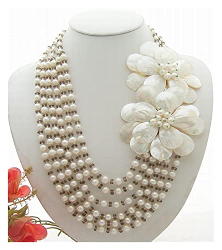 VELUNE Ketten für Damen Natürliche weiße Süßwasserperlen-Kristallmuschel-Blumen-Anweisungs-Halsketten-Schmucksachen Mode-Accessoires von VELUNE