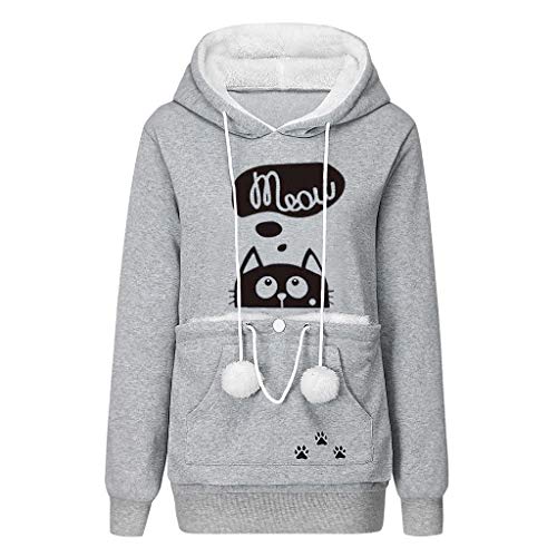 VEMOW Damen Kapuzenpullover mit Carrier für Kleine Katze Hunde Große Tasche Hoodie Sweatshirt Langarm Herbst Winter Pulli mit Kapuze Loose Damen Katzenpulli（X-Grau，34） von VEMOW Damen